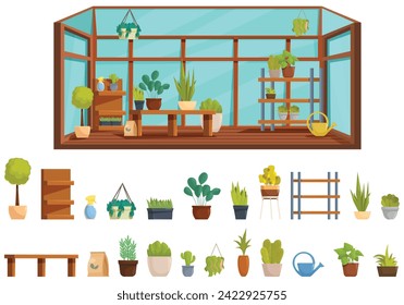 Greenhouse interior icons set cartoon vector. Plant shelves. Tree flower orangery