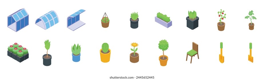 Greenhouse interior icons set isometric vector. Winter garden. Cultivation growing