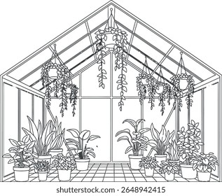 Ilustração de arte da linha interior da estufa com plantas em vaso e penduradas - Contorno do vetor para jardinagem - Botânica
