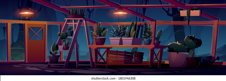 Greenhouse interior at night with potted plants. Empty garden, large dark orangery with glass walls, windows, roof and stone floor, place for growing flowers, inside view. Cartoon vector illustration