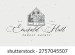 Greenhouse label with text emerald hall indoor nature drawing in graphic art style with black on light background