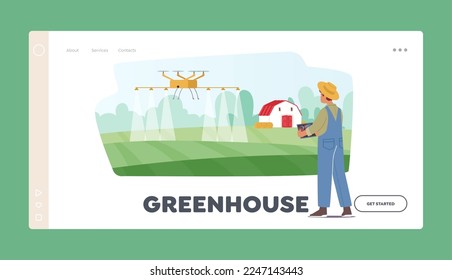 Vorlage für die Greenhouse-Landing-Page. Intelligente Landwirtschaft mit Drohnenkontrolle. Farmer Character Fertilizing Field mit Quadcopter, innovativer landwirtschaftlicher Automationstechnik. Vektorgrafik von Cartoon People