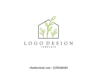 Greenhouse logo, Design logo on which an simple image of a house with leaves inside.