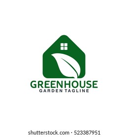 Greenhouse logo design vector. Green leaf illustration symbol. Home and leaf vector icons.