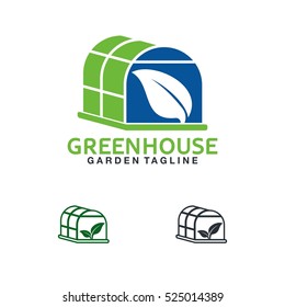 Greenhouse logo design vector. Green leaf illustration symbol. Home and leaf vector icons.