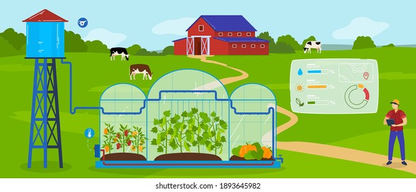 Greenhouse modern agriculture technology vector illustration. Cartoon flat agricultural landscape with green farmland field, farmer character growing vegetables using smart automated glasshouse system