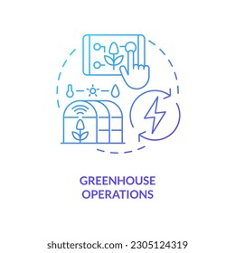 Icono de concepto de gradiente azul de operaciones de invernadero. Sistema automatizado. Ilustración de línea delgada de idea abstracta de eficiencia energética agrícola. Dibujo de contorno aislado. Se usa una fuente Myriad Pro-Bold