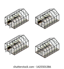 Greenhouse at an organic farm set, collection with opened, closed door and windows. Growing tomatoes isometric view. Glass house. 