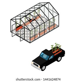 Greenhouse and pickup car at an organic farm. Growing tomatoes isometric view. Glass house. 