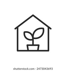 Greenhouse with plant, linear style icon. greenhouse farming, plant cultivation, or controlled environment agriculture. Editable stroke width.