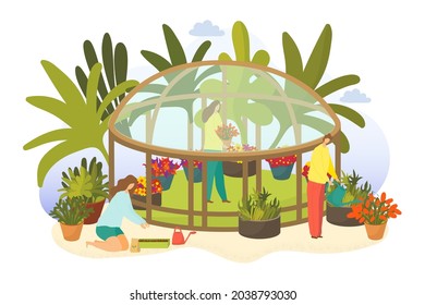 Greenhouse with plant, vector illustration, flat woman man people character gardening plant, growing nature in flower pot, hobby in outdoor garden.