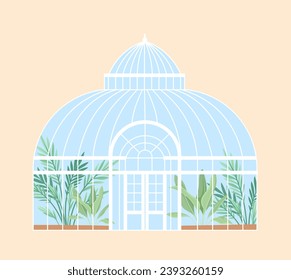 Greenhouse with plants concept. Protection of tropical leaves from cold weather. Graphic element for website. Botany and gardening. Cartoon flat vector illustration isolated on beige background