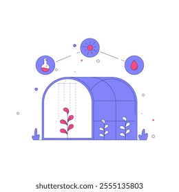 Greenhouse With Plants In Flat Vector Illustration Symbolizing Sustainable Agriculture, Indoor Gardening, And Hydroponics, Isolated On White Background