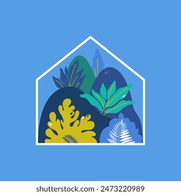 Greenhouse with plants growing inside. Flat style. vector illustration.