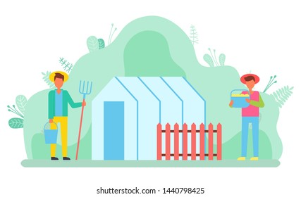Greenhouse with plants growing inside vector, man with rakes and bucket. Farming people in orchard, fence conservatory for production. Person with tools