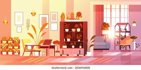 greenhouse plants potted flowers on shelves home garden concept living room interior horizontal