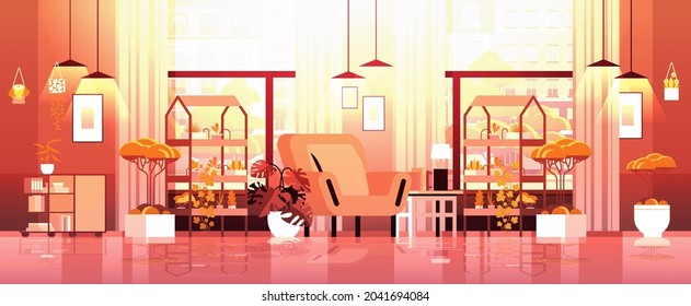 greenhouse plants potted flowers on shelves home garden concept living room interior horizontal vector illustration