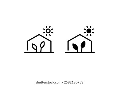 Greenhouse with Plants and Sun Icon Vector