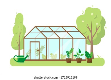 Greenhouse with plants and trees in garden. Spring or summer banner, concept or background vector illustration.