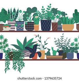 Greenhouse with plants vector, pots with soil and growing botanical flora, planted flowerpot, natural decoration flowers with foliage and leaves set