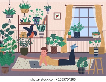 Greenhouse with plenty of pots and vases vector, shelf with potted plants, window with curtains, male watching film on laptop, guy on floor with pc