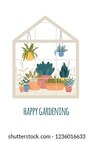 Greenhouse With Potted Garden Plants Vector Illustration, Cute Scandinavian Hygge Style.Glass Green House Seasonal Greeting Card, Happy Gardening.Conservatory With Growing Plants In Pots And Planters.