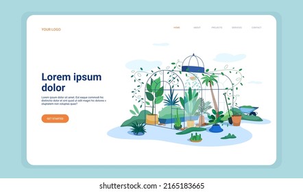 Greenhouse with potted plants and gardening tools flat landing page. Glass orangery with green trees. Hot house or botanical nursery for cultivation and growing garden plant in pots web banner.