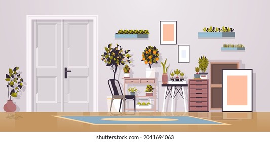 greenhouse potted plants on shelves gardening concept