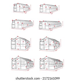 Greenhouse schemes with parameters, sketches, dimensions description for sale and business