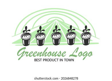 Greenhouse with seedlings, emblem or logo for company. Vector illustration.