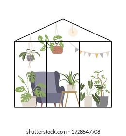 Greenhouse. Set with house plants and pots. Concept of botanical garden, home gardening. Hand drawn vector illustration in flat cartoon style. Perfect for poster, sticker, print, card. 