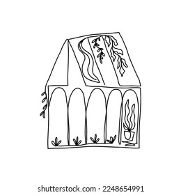 Greenhouse sketch with plants inside. Hand drawn black line art of greenhouse vector illustration, isolated element. Cute drawing allotment barn, floral orangery design made from continuous line.