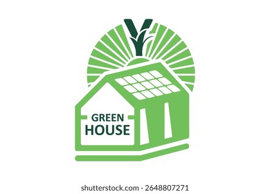Greenhouse with solar panels and sun rays letter Y logo design