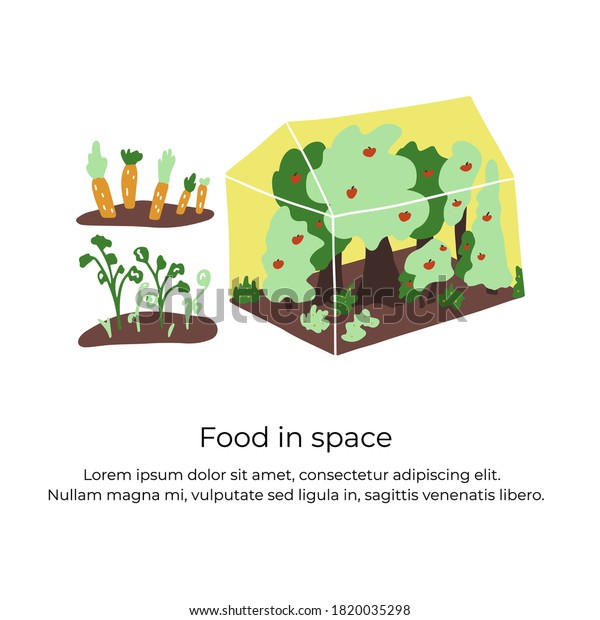 Greenhouse in space colony. Handdrawn vector\
illustration of beds with vegetables and greenery, greenhouse under\
the dome on the space colony.\
