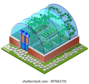 Greenhouse spring with seedling  vegetables. Isometric view. Vector illustration.