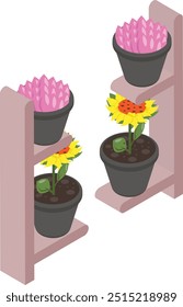 greenhouse stacking racks and shelves isometric concept, plant transport and storage vector icon design, Lawn Gardening symbol, Farm and Plant sign, agriculture and horticulture equipment illustration