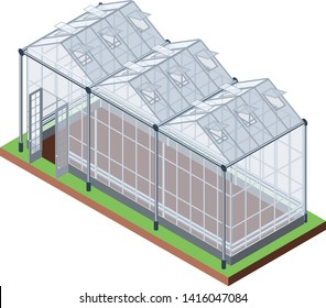 Greenhouse of three sections isometric icon isolated on white. Vector cartoon illustration
