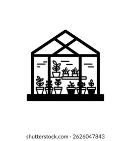 Greenhouse with Thriving Plants and Potted Herbs - Black Icon
