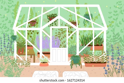 Greenhouse with a triangular roof and plants in and around it. Vector flat cartoon illustration. Concept: gardening, spring work in the garden, winter garden, greenhouse, ornamental plants.