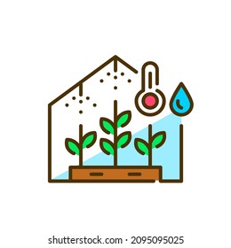 Greenhouse using smart farming control of humidity and temperature. Pixel perfect, editable stroke colorful icon