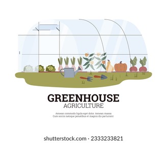 Invernadero con verduras de varios cultivos de estilo plano, ilustración vectorial aislada en fondo blanco. Agricultura y cultivo, herramientas agrícolas, cabañas, cebollas y calabazas