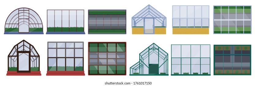 Greenhouse vector illustration on white background. Isolated cartoon set icon glasshouse. Vector cartoon set icon greenhouse