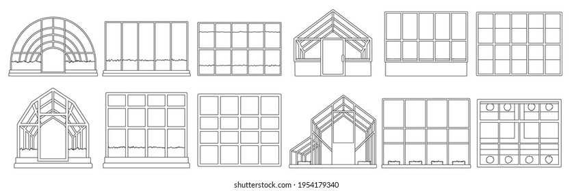 Greenhouse vector illustration on white background. Isolated outline set icon glasshouse. Vector outline set icon greenhouse svg