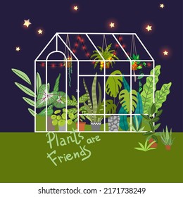 Greenhouse vector illustrations. Urban jungles. Plants are friends. Culd be used for web, notebook, phone case, etc