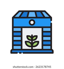 Greenhouse Vector for Plant Growth and Controlled Climate. Glass structure illustration. Agricultural innovation concept for fresh produce. Filled Line Icon