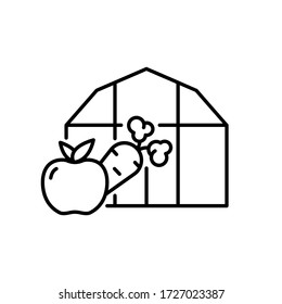 Greenhouse with vegetables. Glazed hothouse for growing home plants, fruits. Illustration of farming. Contour isolated vector on white background. Carrot and apple with storage icon. Food warehouse