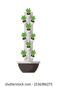 Greenhouse vertical farming hydroponics aeroponics cartoon composition with plants in column vector illustration