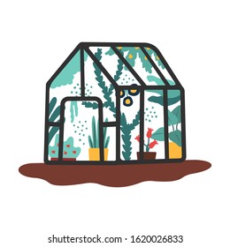 Greenhouse with vibrant colors. Transparent glass greenhouse in spring and summer on a white background. Bright spring illustration. Ecology. Natural product.Simple vector flat cartoon illustration.