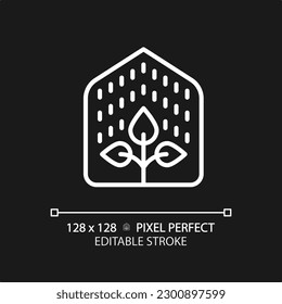 Greenhouse white linear icon for dark theme. Plant nursery. Controlled environment. Agriculture technology. Horticultural crops. Thin line illustration. Isolated symbol for night mode. Editable stroke