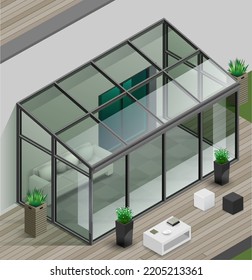 Greenhouse Or Winter Garden. Covered Veranda For Plants. Glass Dome. Modern Architecture. Vector Graphic With Transparency